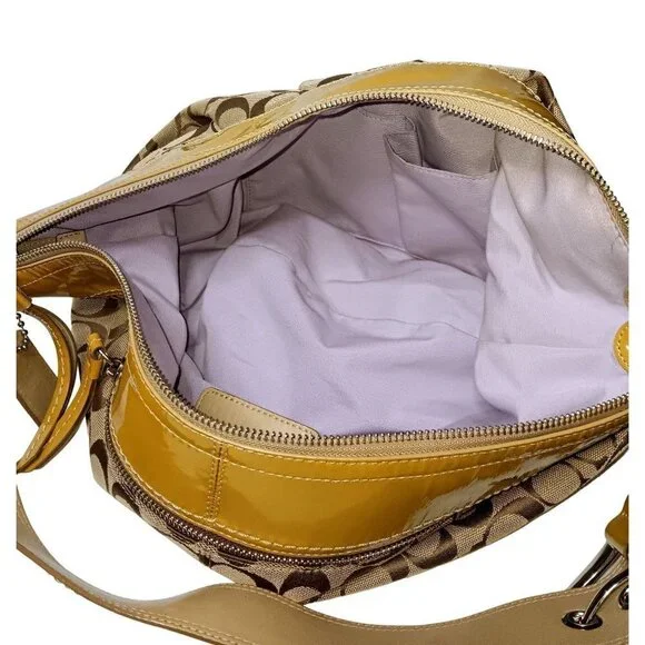 Coach Tan/Brown Signature Canvas Hobo Bag With Mustard Yellow Patent Leather Tri - Picture 3 of 13